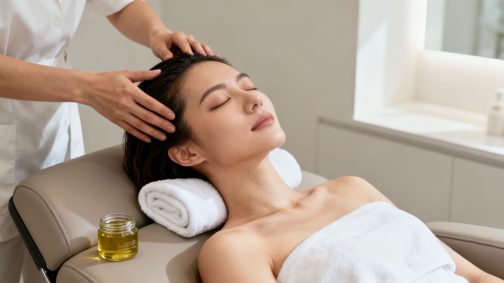 A relaxed Asian woman with eyes closed receives a soothing head massage with oil at a spa.