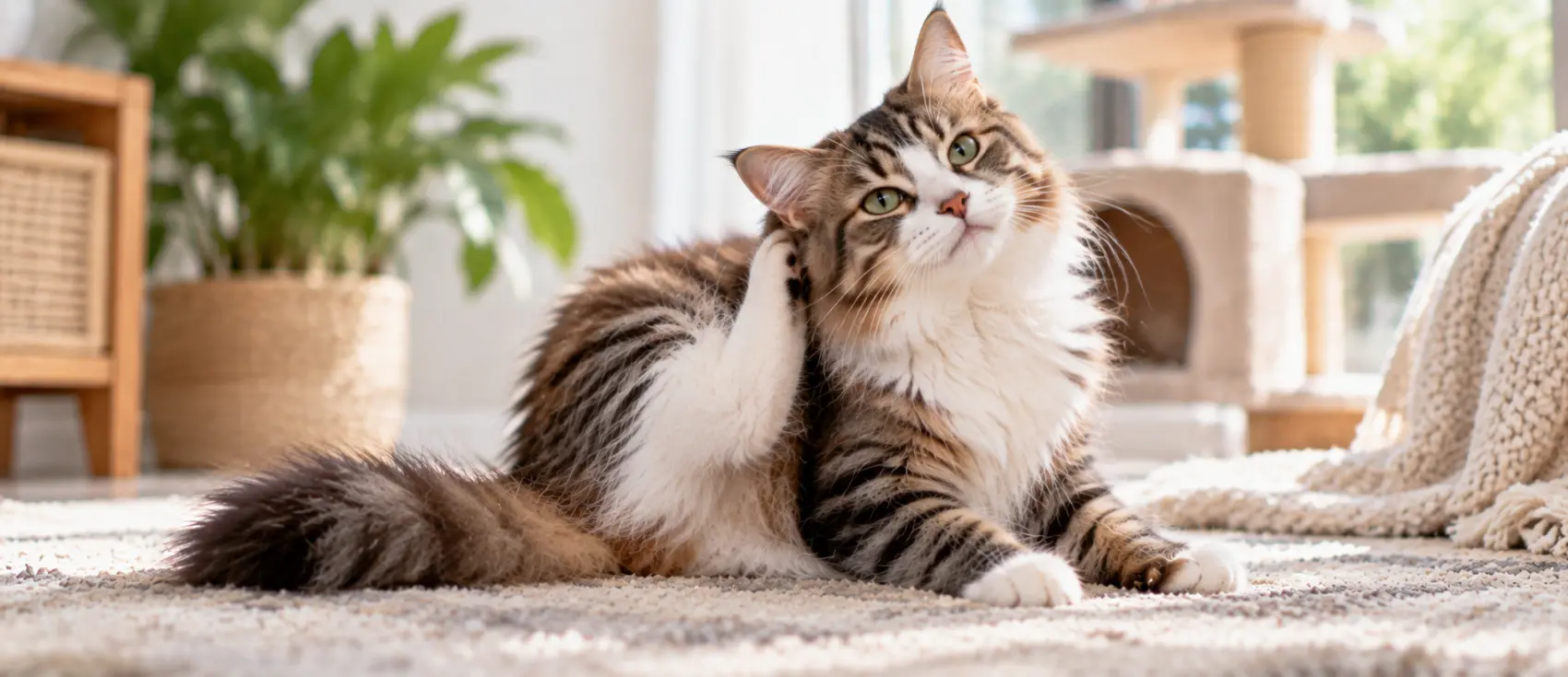 Tabby and white cat scratching behind its ear, a common sign of lice.