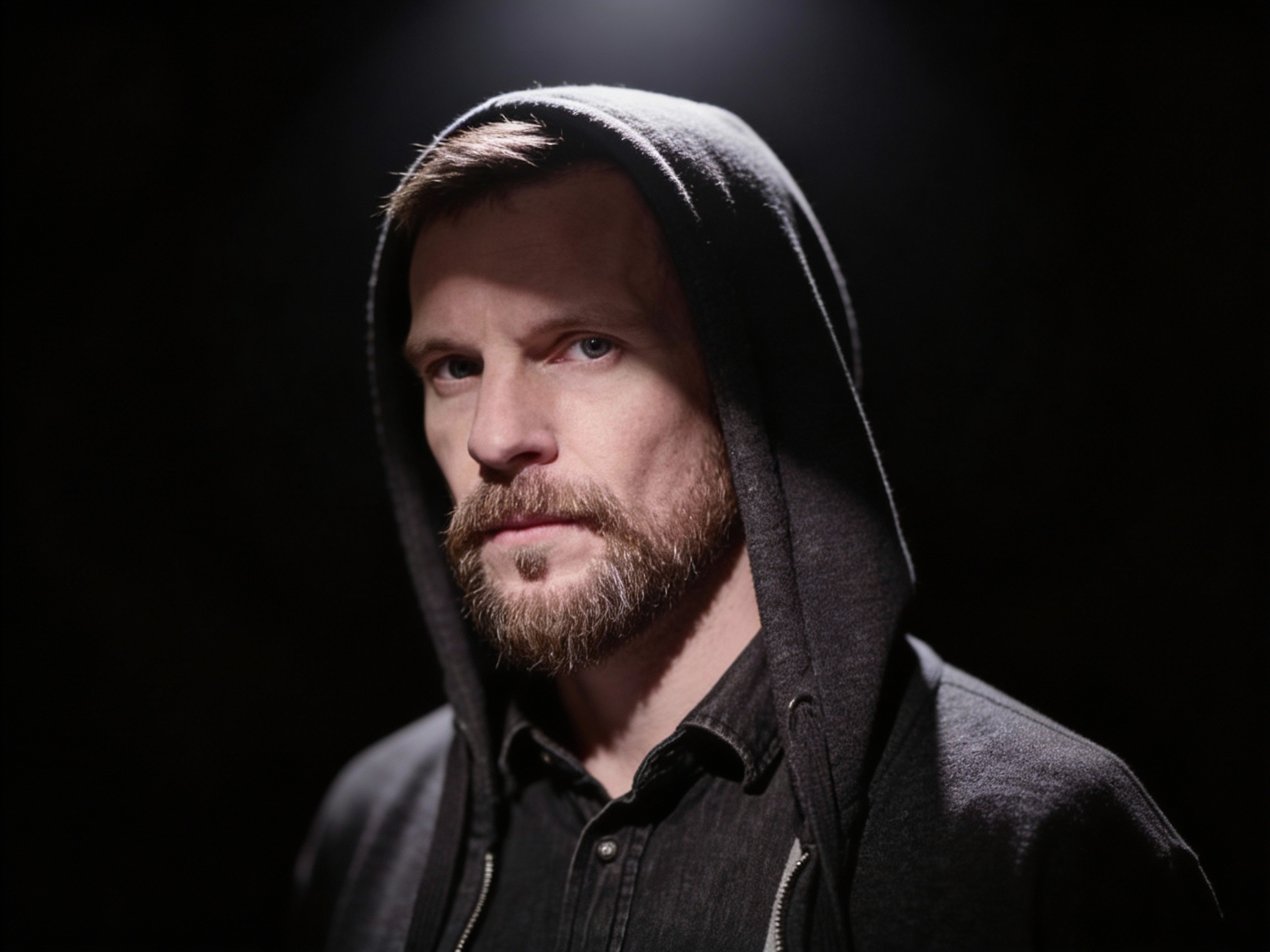 A man in a dark hooded sweatshirt looks intently at the camera, with a dramatic light illuminating his face.
