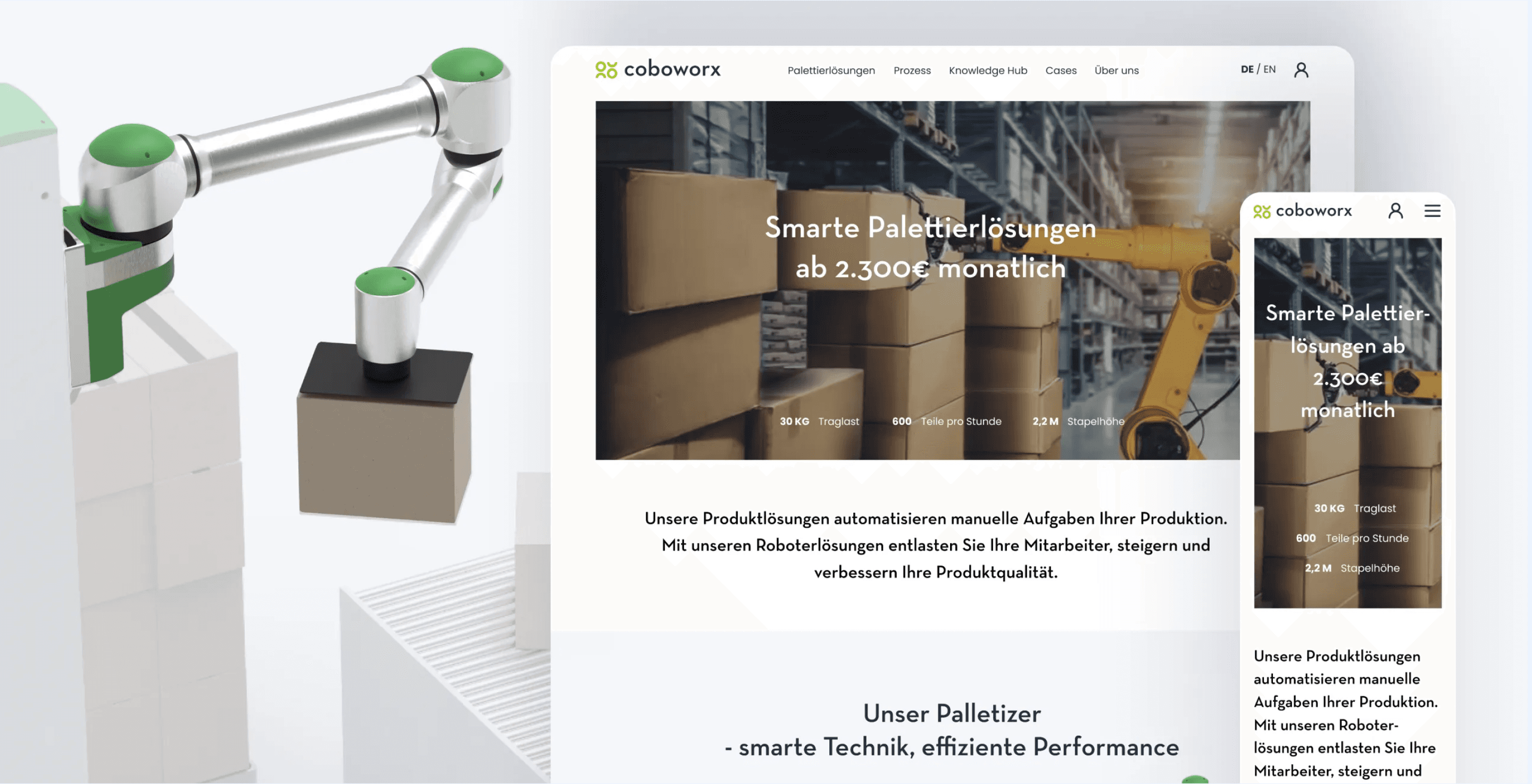 Ansicht der coboworx-Startseite im Desktop- und Smartphone-Format. Im Hintergrund ist ein Roboter teilweise zu sehen.