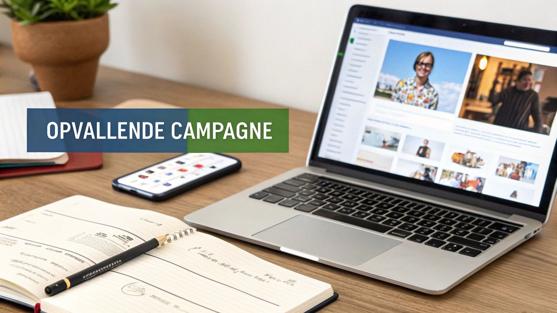 Laptop op een bureau met een sociale media feed, een smartphone, notitieboek en pen. Overlay tekst: OPVALLENDE CAMPAGNE.