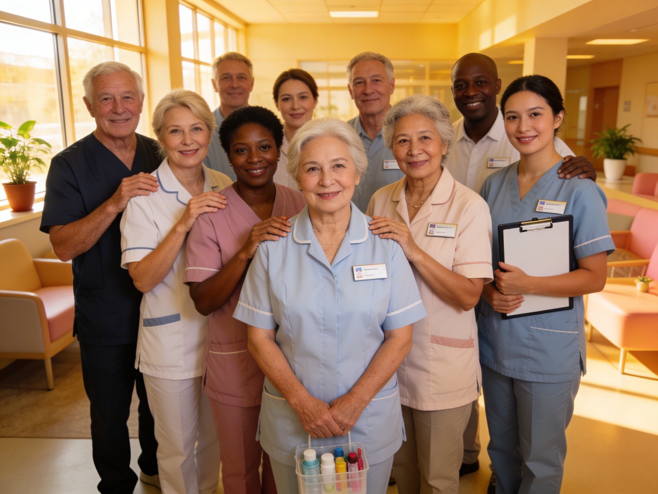 Diverse group of elderly neighbors and younger community members sharing meal together at outdoor community table, multigenerational interaction, warm evening light, genuine connection and laughter