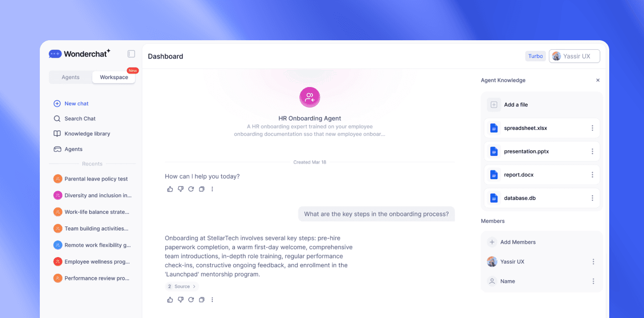 Wonderchat Internal Agent workspace answering an employee onboarding question from connected company files
