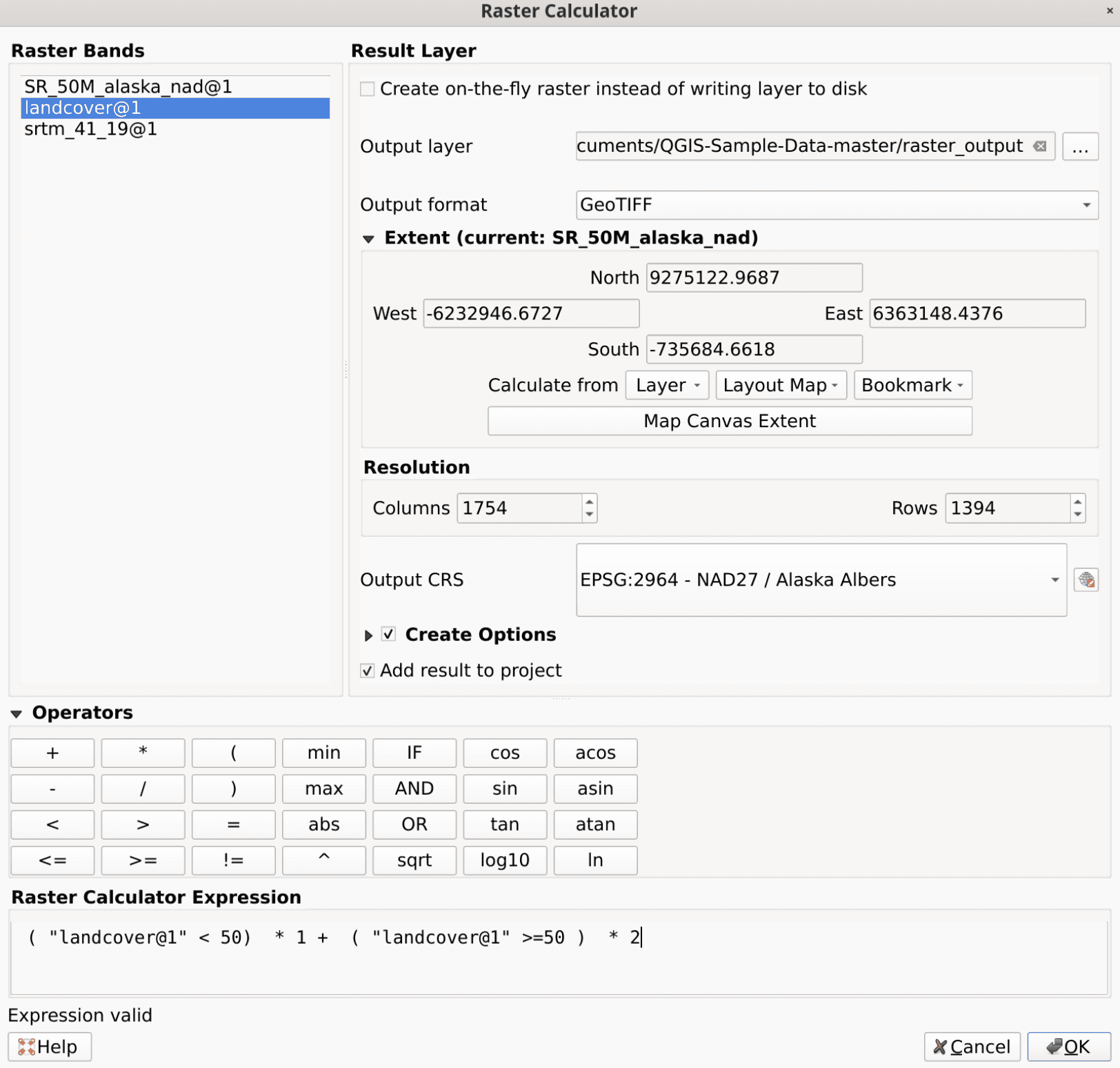 QGIS Raster Calculator showing raster bands, expression controls, and output settings.