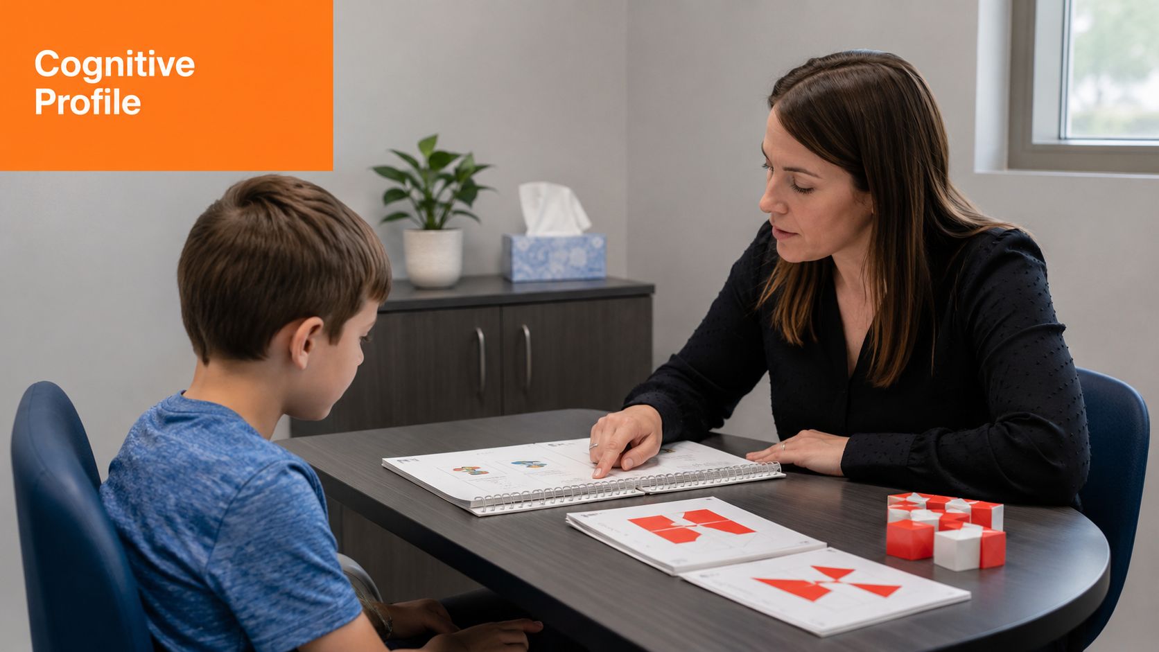 A professional therapist works with a young boy during a structured cognitive assessment session at a desk.