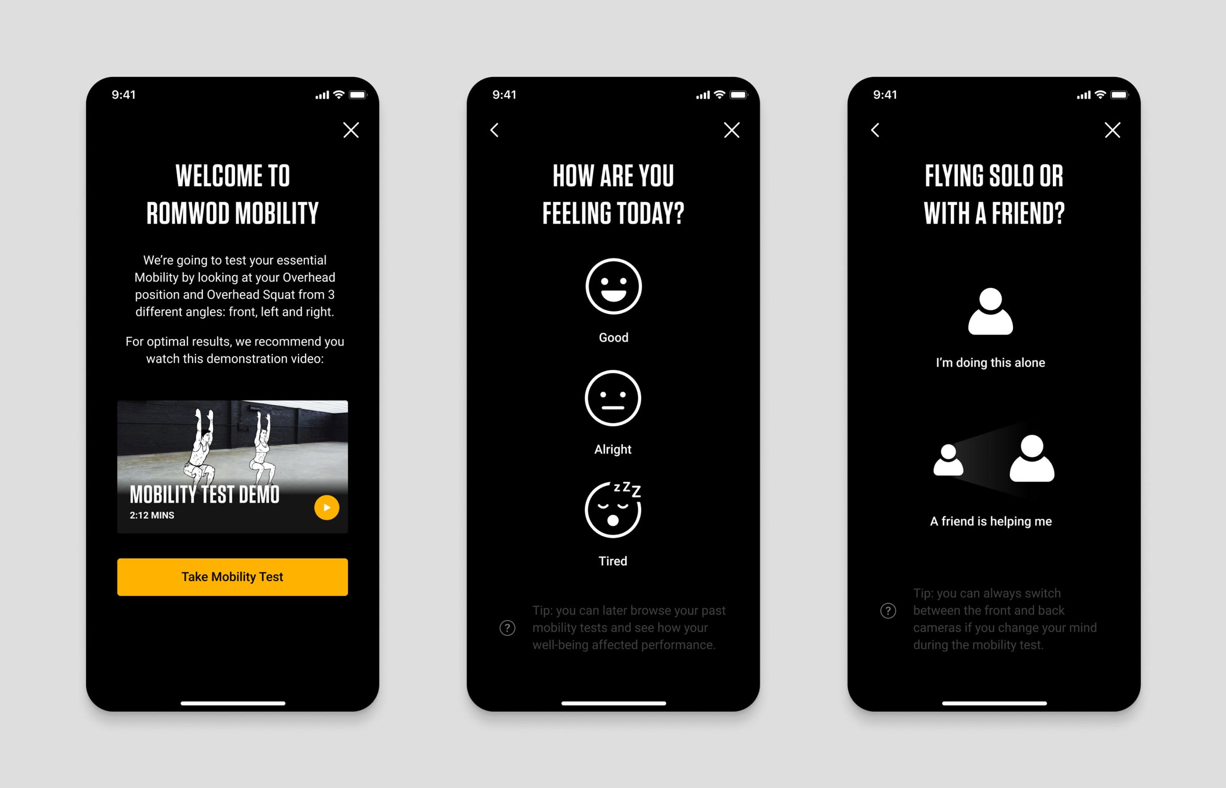 The first onboarding screen introduces the Mobility Test, aided by a demonstration video for which I wrote the script and directed.