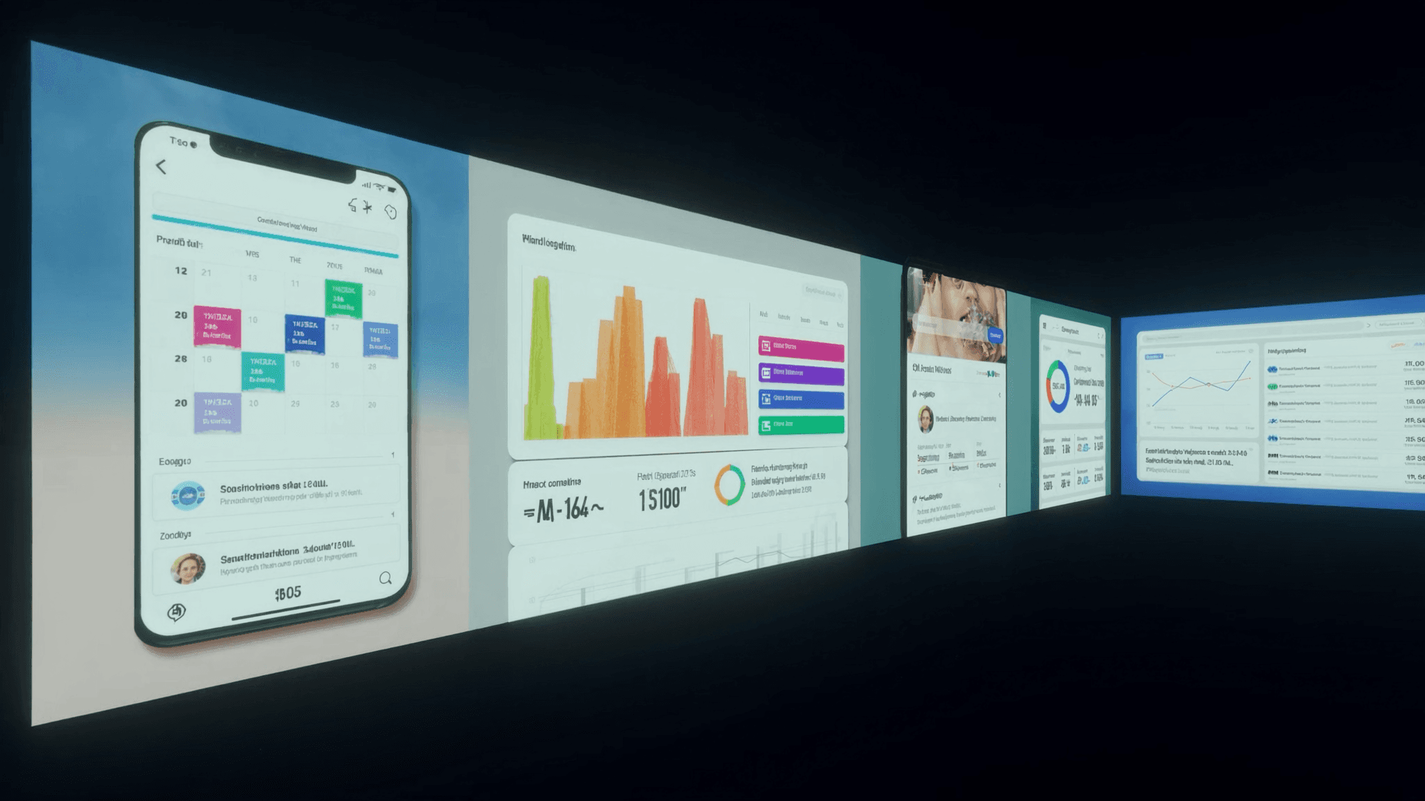 Marketing team workspace with social media and SEO analytics dashboards