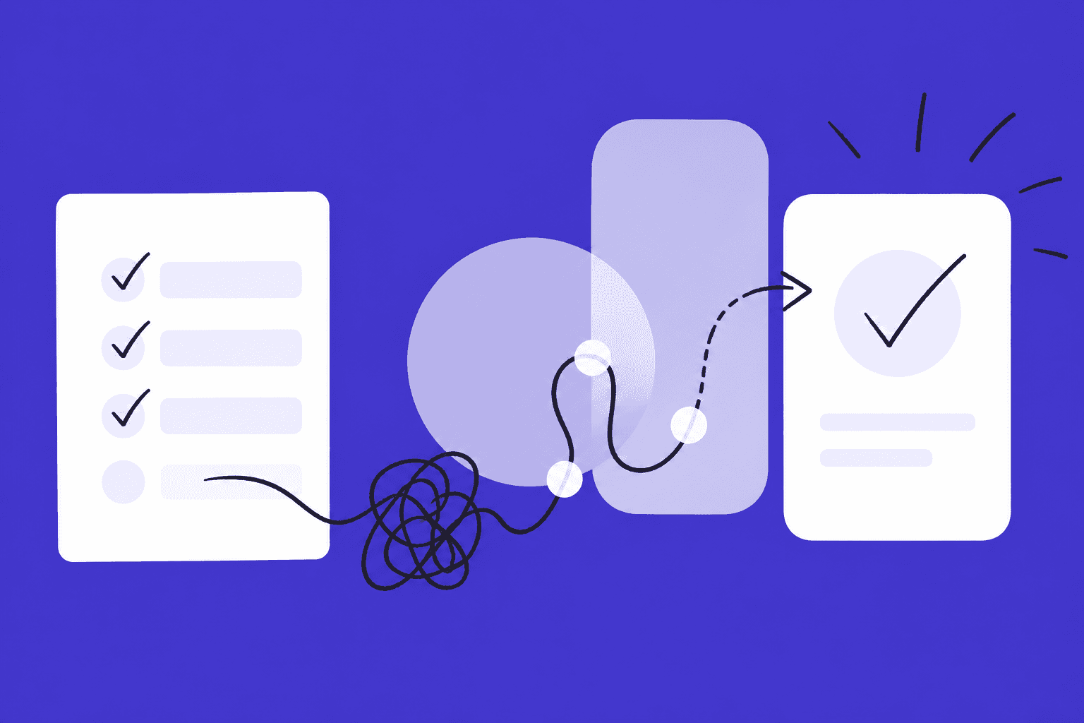 Abstract illustration on a deep indigo background showing the gap between documented work and completed work. A checklist card with unfinished items connects through a tangled hand-drawn path toward a completed checkmark, representing ongoing follow-through in patient care.