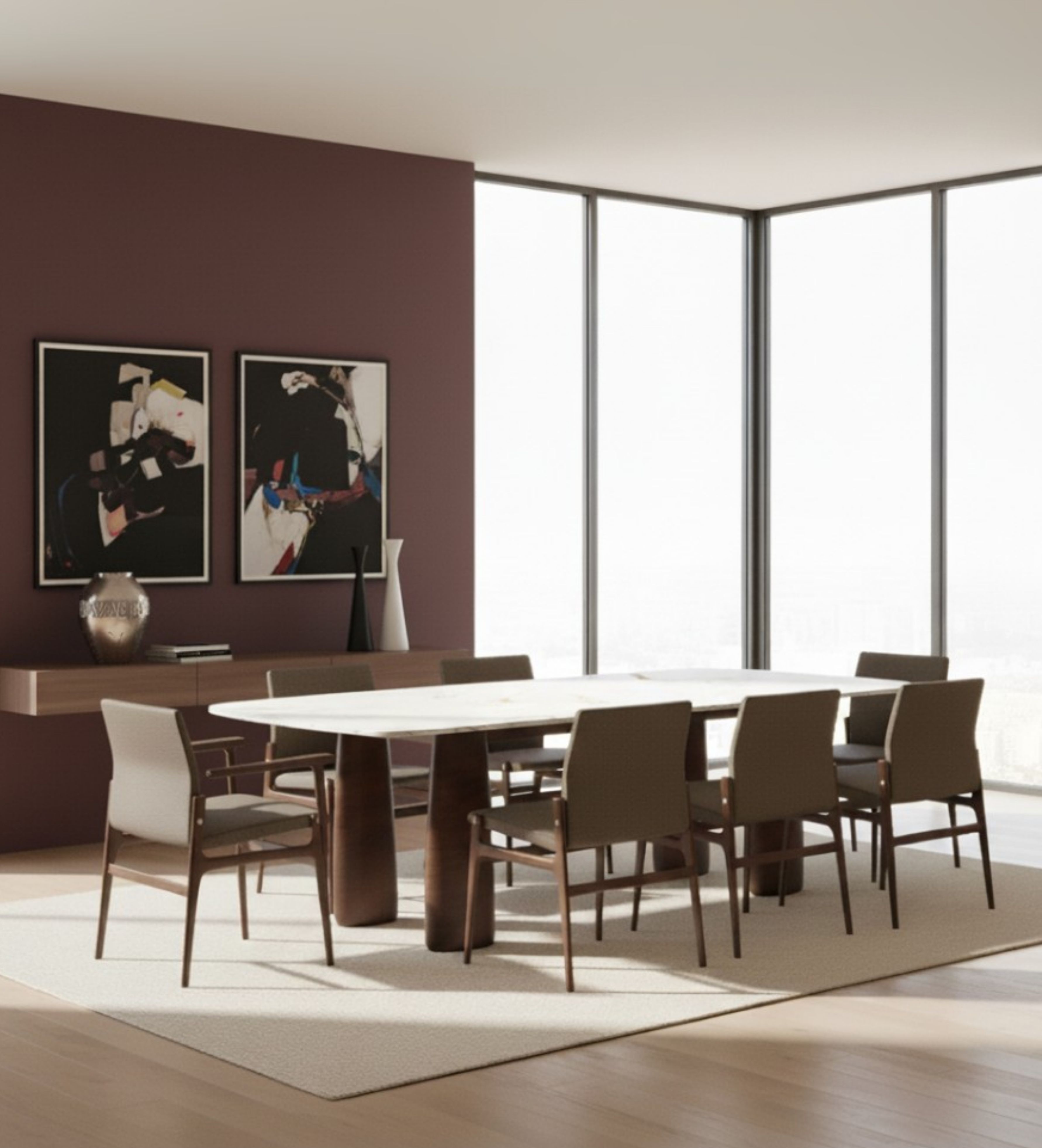 Long marble top dining set with clean lines, arranged with upholstered chairs for group seating