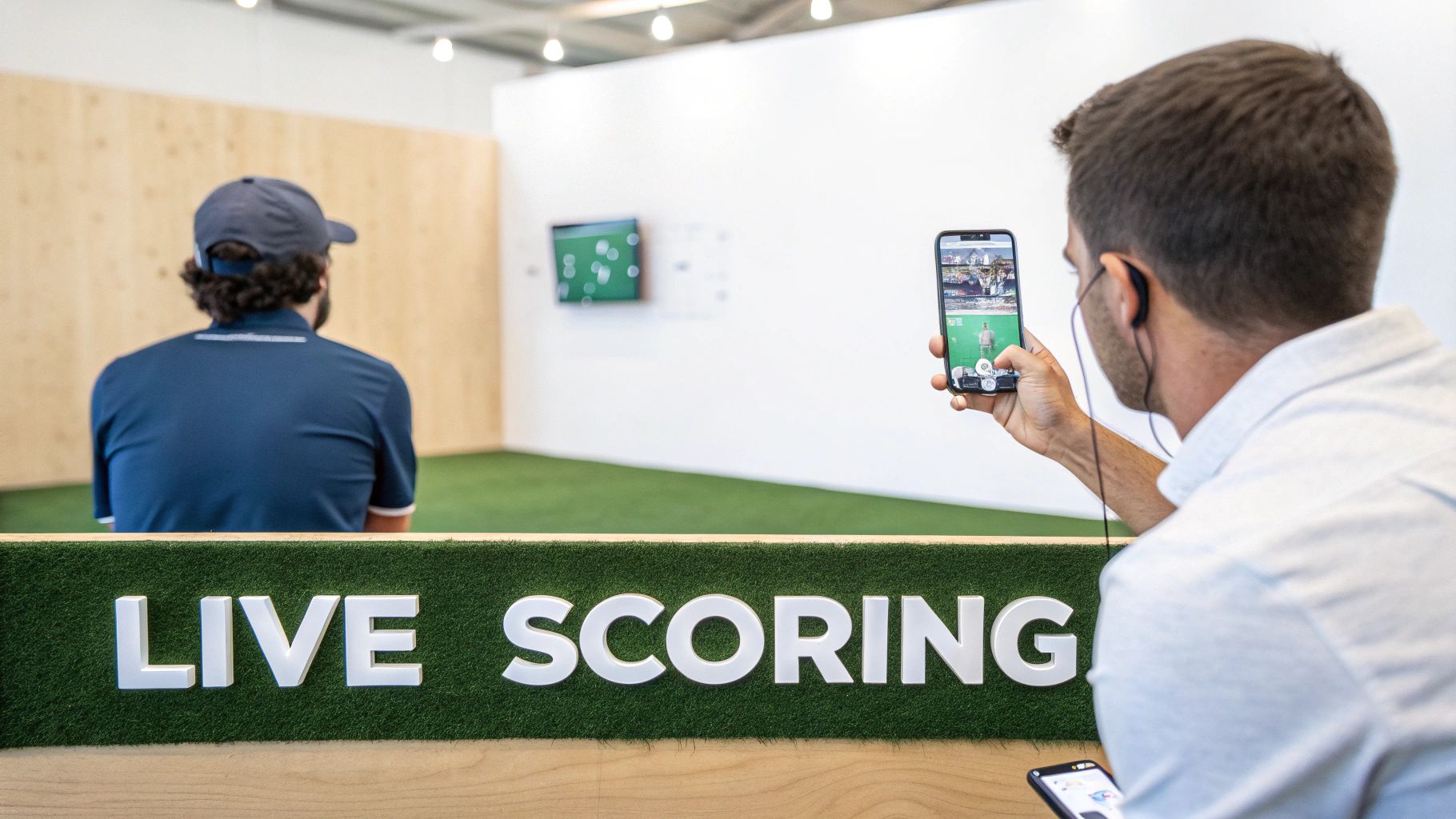 A man records a golf simulator session with a smartphone, showing live scoring on a screen.