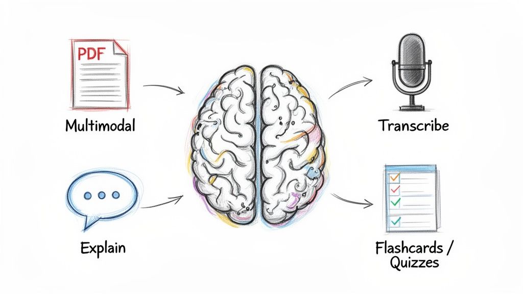 Diagram of a brain processing multimodal input like PDFs and explanations, generating transcriptions and flashcards.