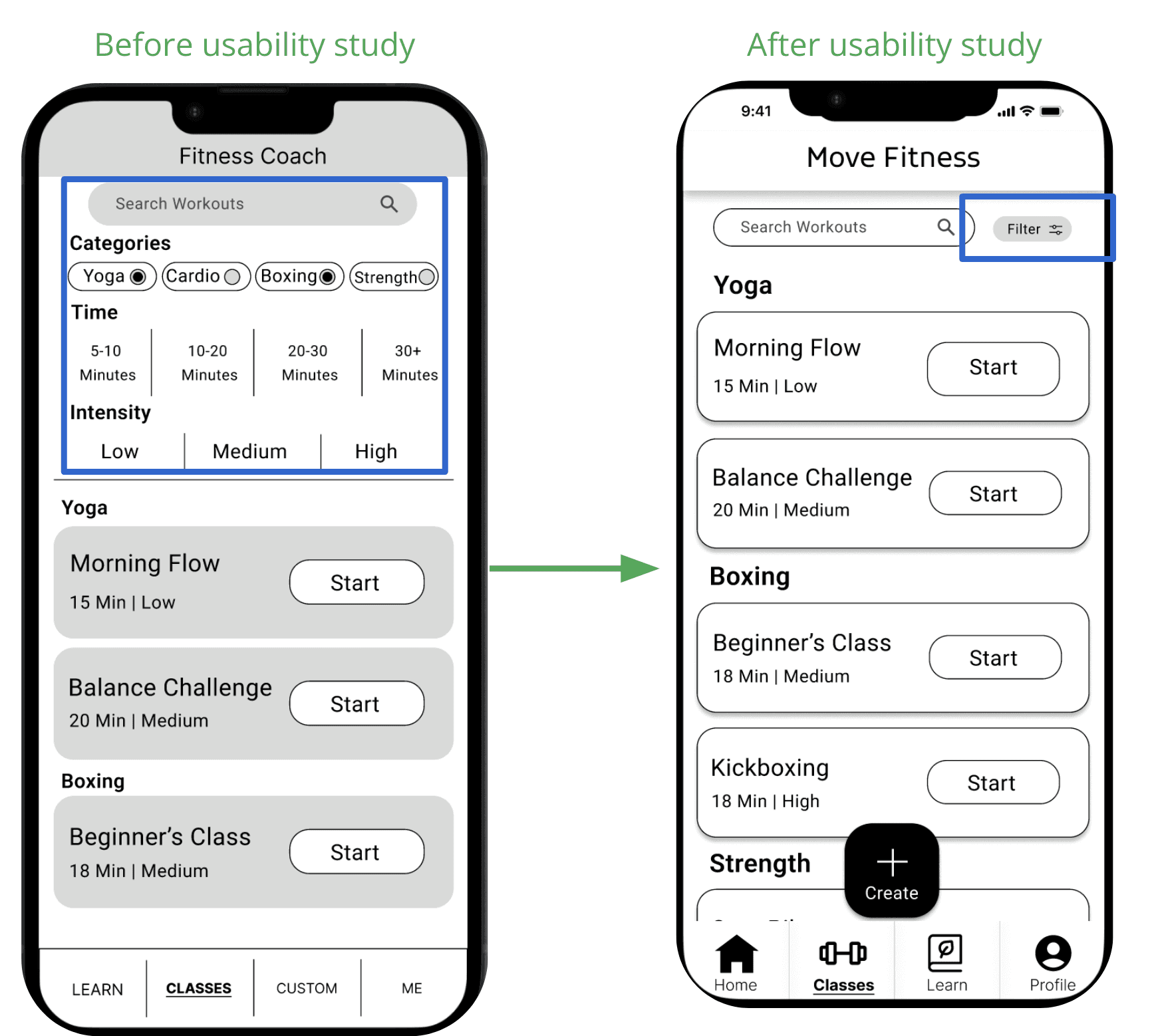 Before usability classes screen has 3 filters to search for classes. After the usability study, the filter section is replaced with a button labeled "Filter" that opens to an overlay that can narrow a classes search.