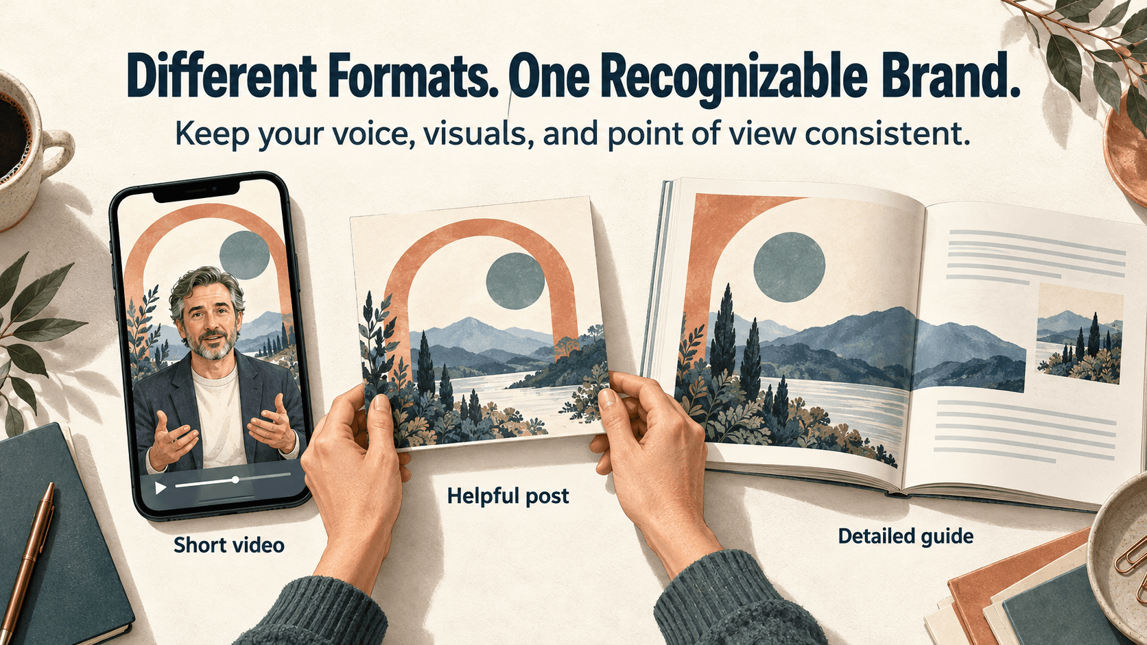 A short video, helpful social post, and detailed guide illustrating consistent brand visuals, voice, and point of view.