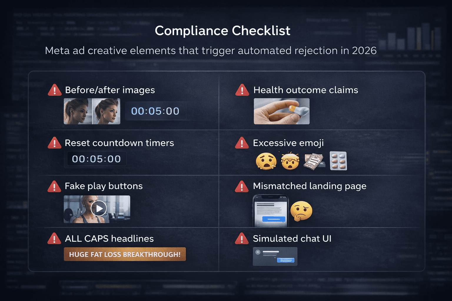 Meta ad creative elements that trigger automated rejection in 2026 compliance checklist