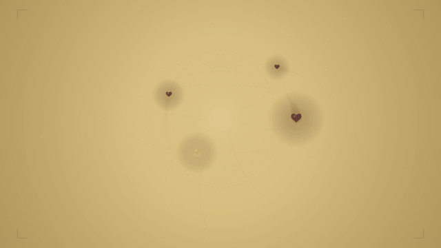 Abstract animated editorial illustration for a blog post about brands worth working with. Warm ochre background with softly glowing hearts in burgundy, coral, and brown orbiting a shared center of gravity along curved elliptical paths. Thin connection lines appear between hearts as they pass near each other, suggesting creative chemistry. Particle trails follow each heart like comet tails. A warm golden glow pulses at the center. Tiny stars twinkle across the composition. Corner crop marks and film grain complete the editorial aesthetic.