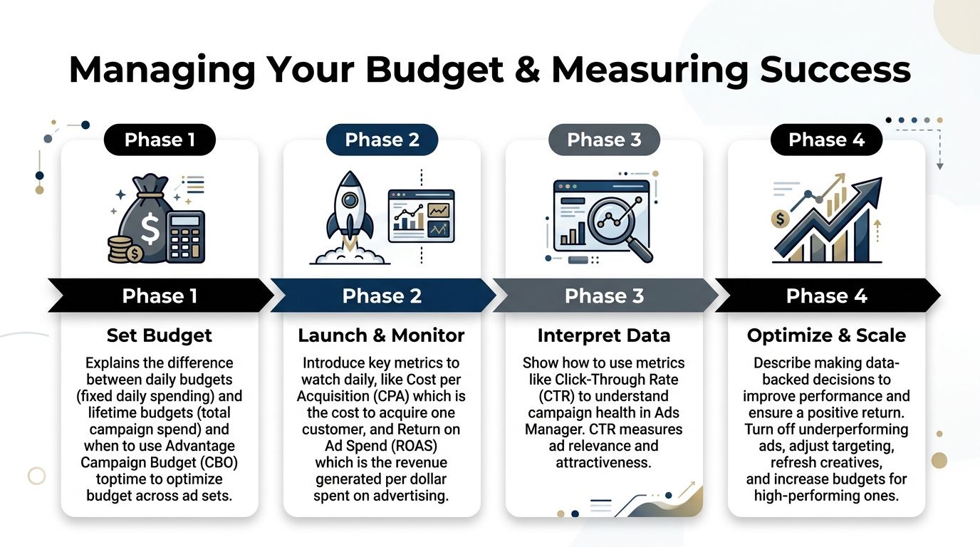 A diagram outlining the four phases of managing a digital marketing budget and measuring ad success.