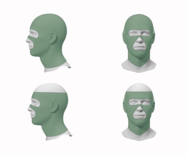 Render of an inclusive respirator with callouts highlighting different seal areas, showcasing key design features for a secure and comfortable fit across various headwear styles.