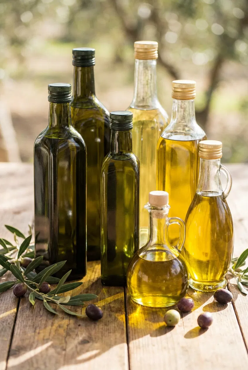 Realistic arrangement of olive oil bottles