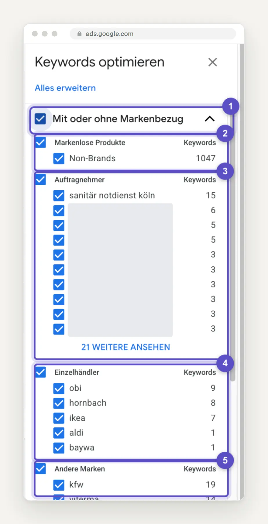 Optimize sidebar keywords in the Keyword Planner with the group expanded; with or without brand relevance, and covering the subgroups "Non-branded products," "Contractors," "Retailers," and "Other brands" as well as the names of local businesses.