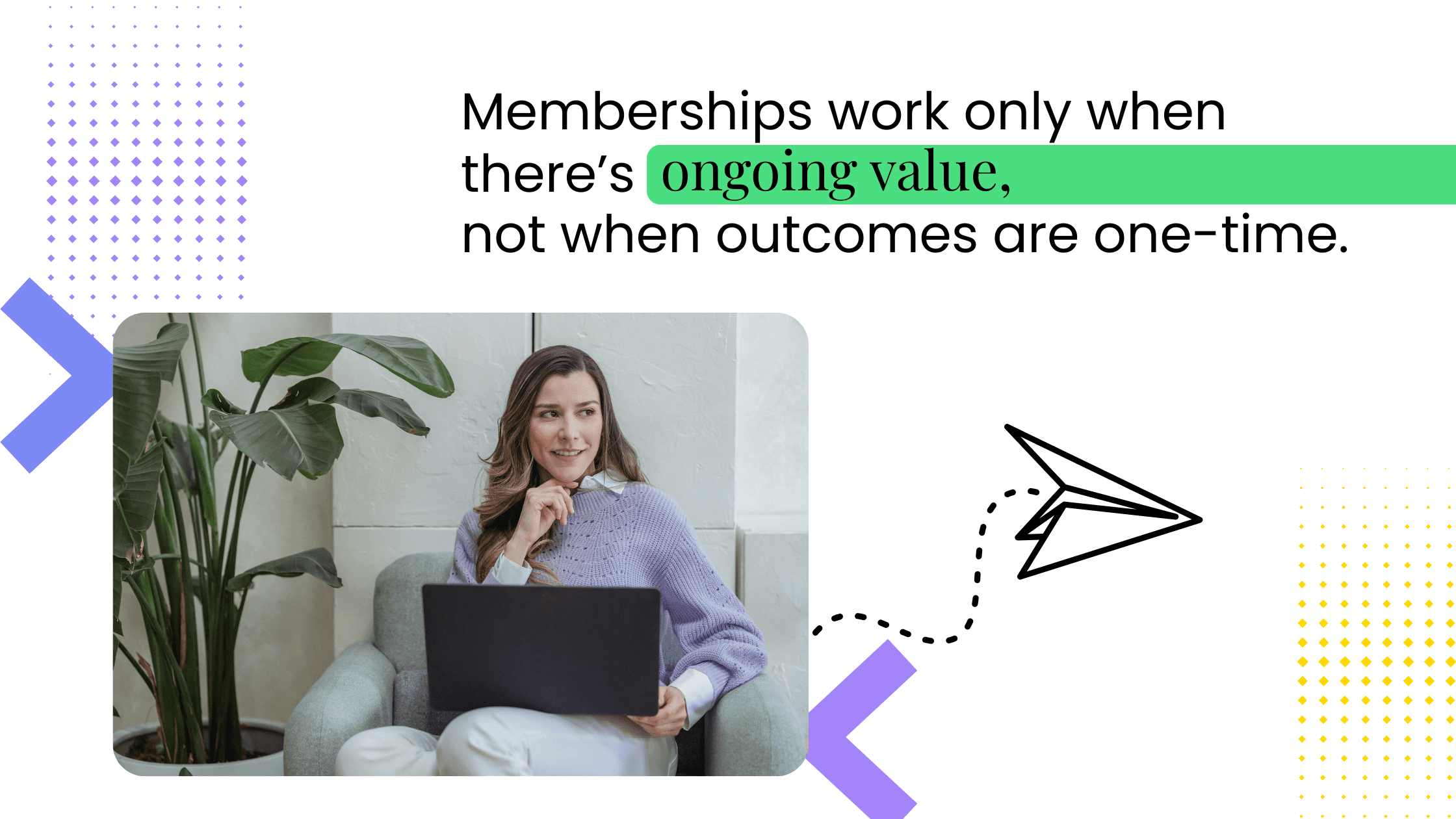 Coach seated with a laptop in a living space, illustrating that memberships succeed through ongoing value, not one-time outcomes.