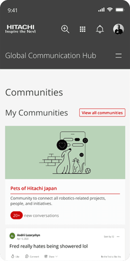 Hitachi communication hub mobile interface showing Communities feature with engagement tools