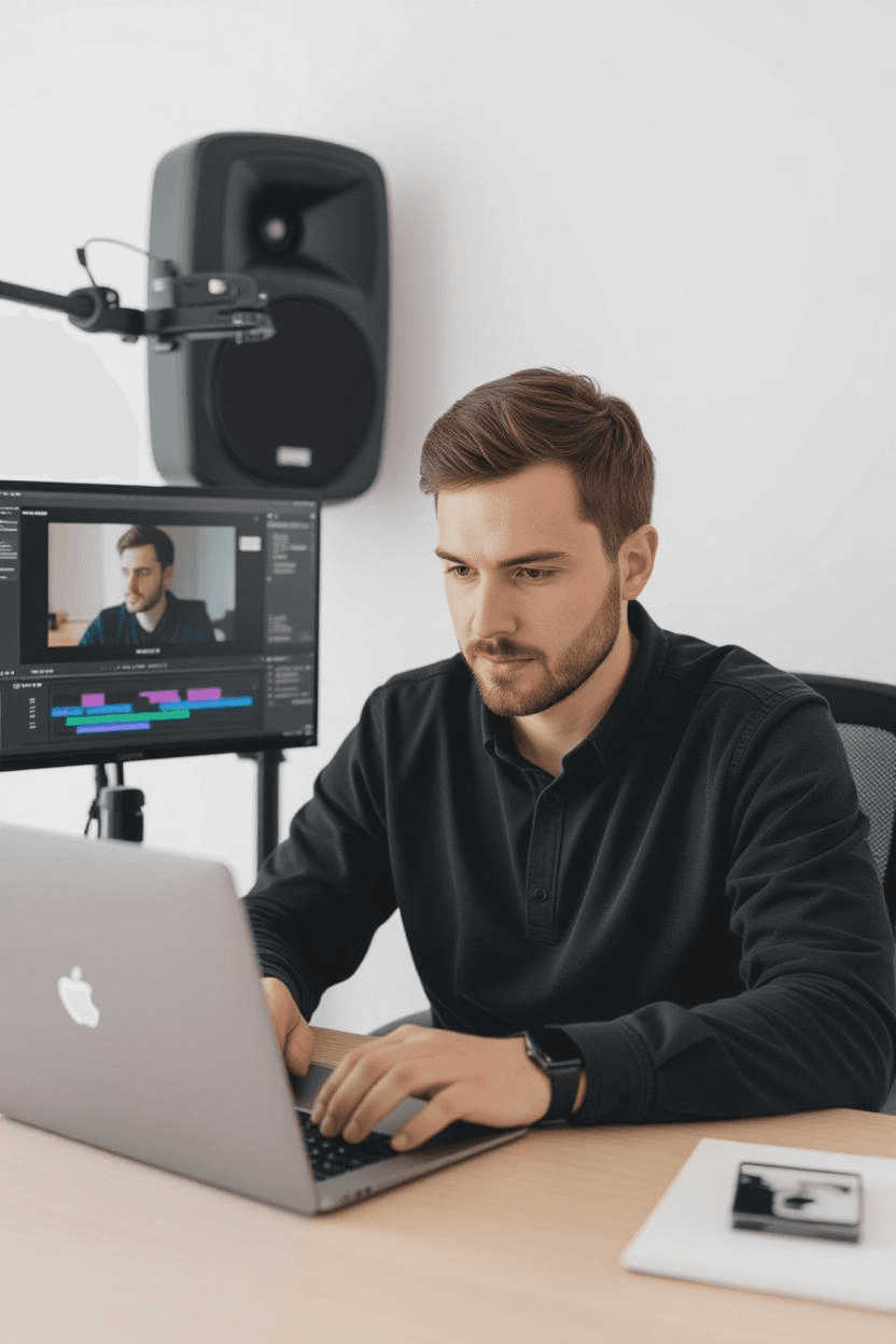 A focused young man working on a laptop at a desk, editing video on a monitor with audio equipment in the background.