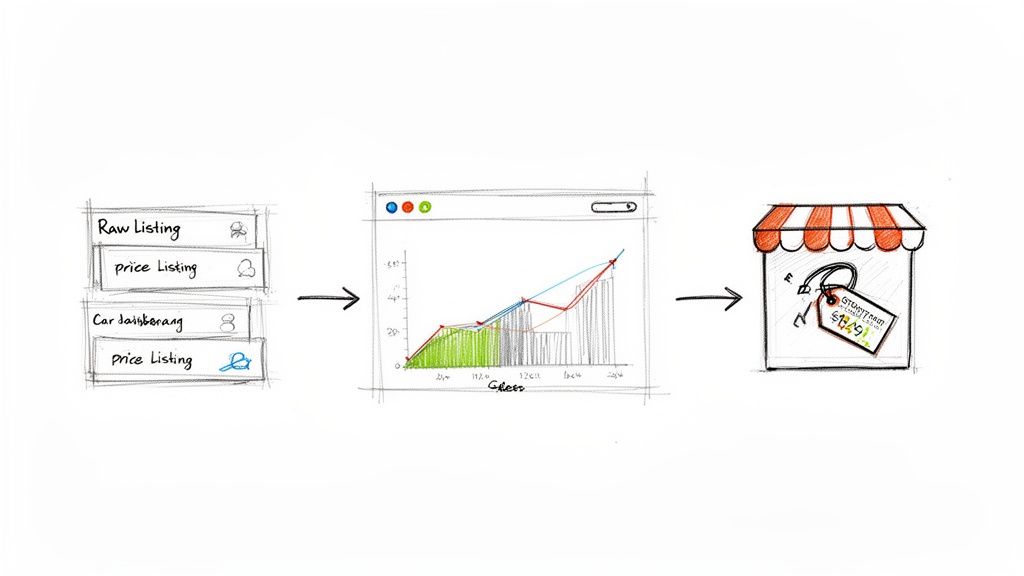 Flow diagram illustrating raw data listings, price analysis on a graph, leading to a final product price.