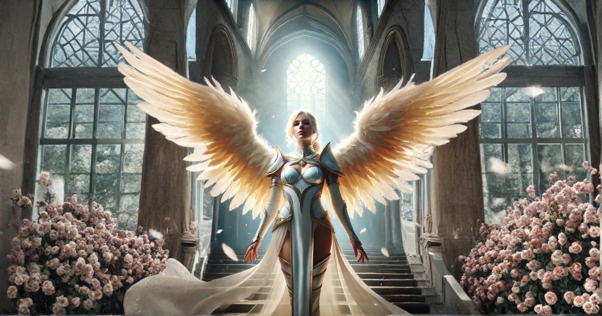 Archetype Serra – een figuur in helder, zacht licht met open vleugels en een rustige, vaste houding; de belichaming van keuze, innerlijke zachtheid na strijd en het moment waarop iemand stopt met vluchten en begint te staan als zichzelf.