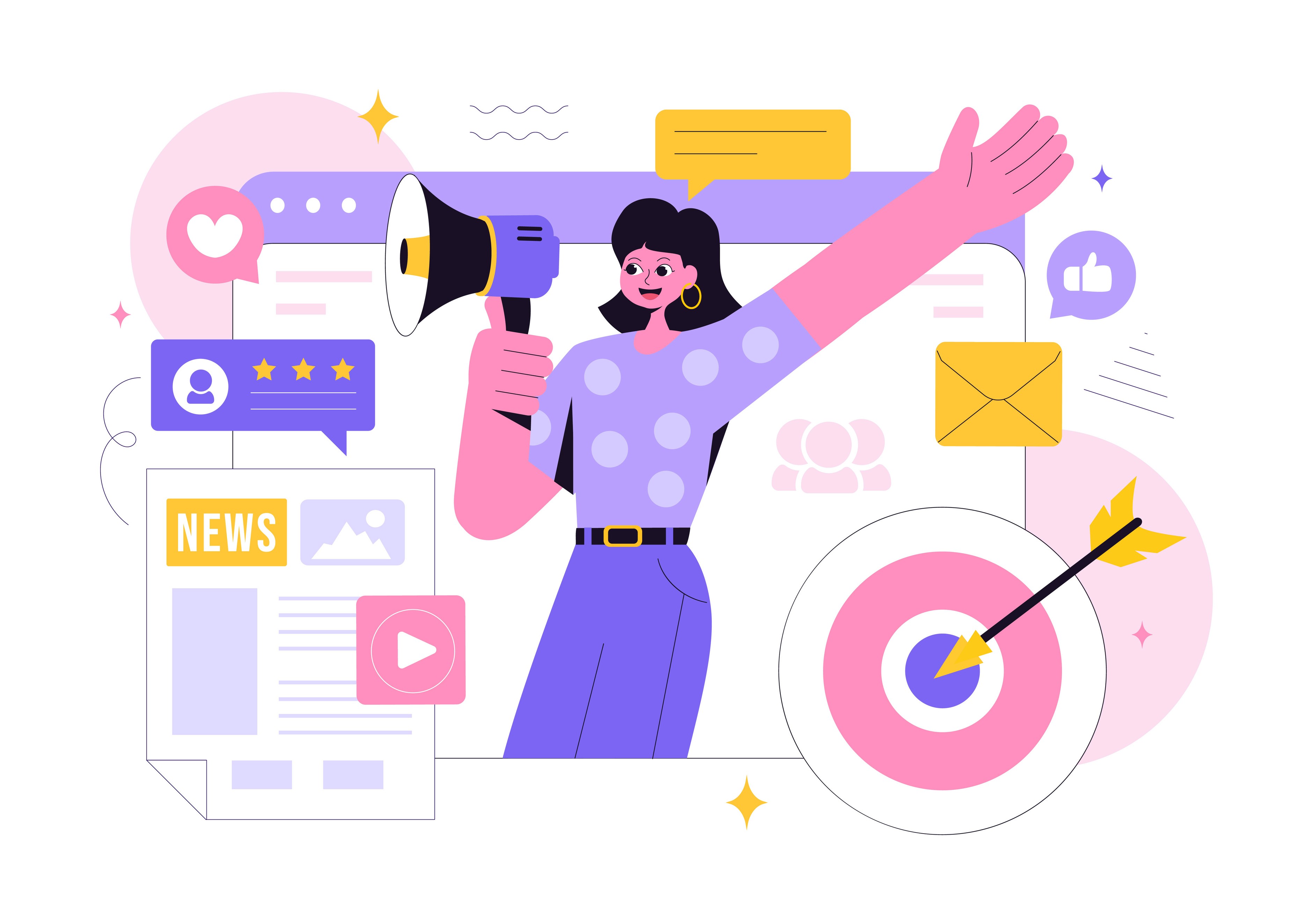Marketer with megaphone alongside a target, star ratings, news content, and social engagement icons