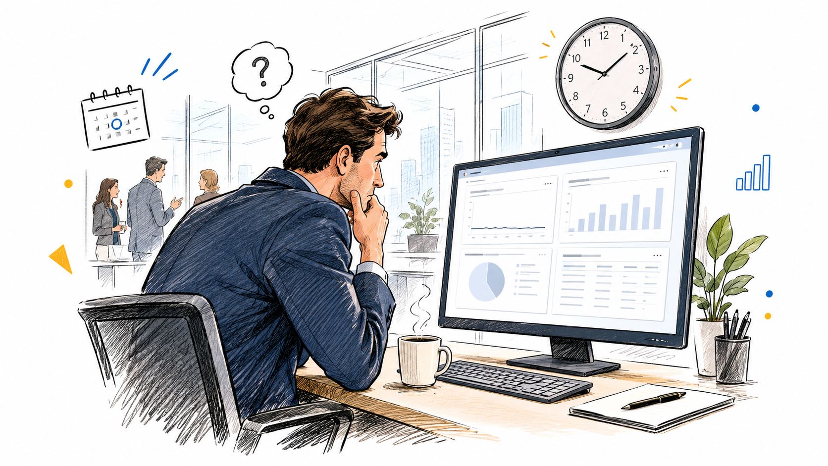 A professional man sitting at his desk analyzing complex business data charts on a computer monitor.
