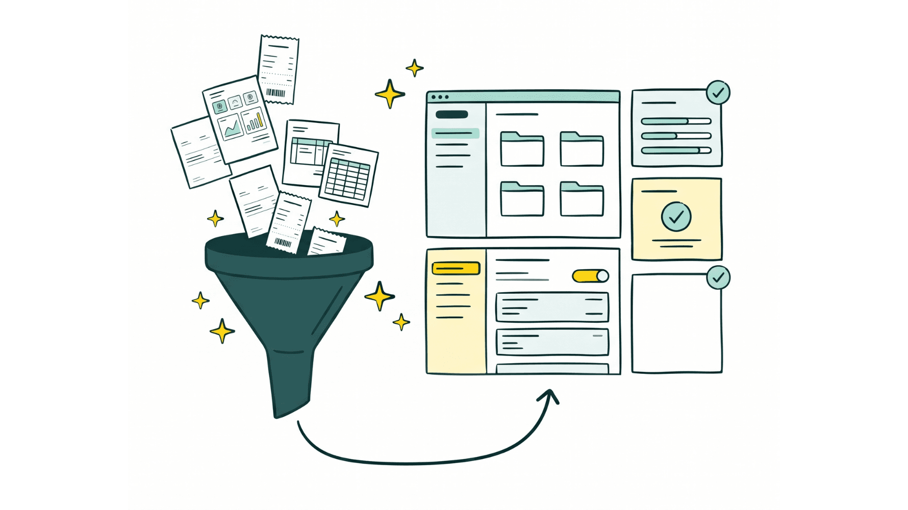 Illustration of invoices and receipts flowing through automated organization, representing virtual bookkeeping services