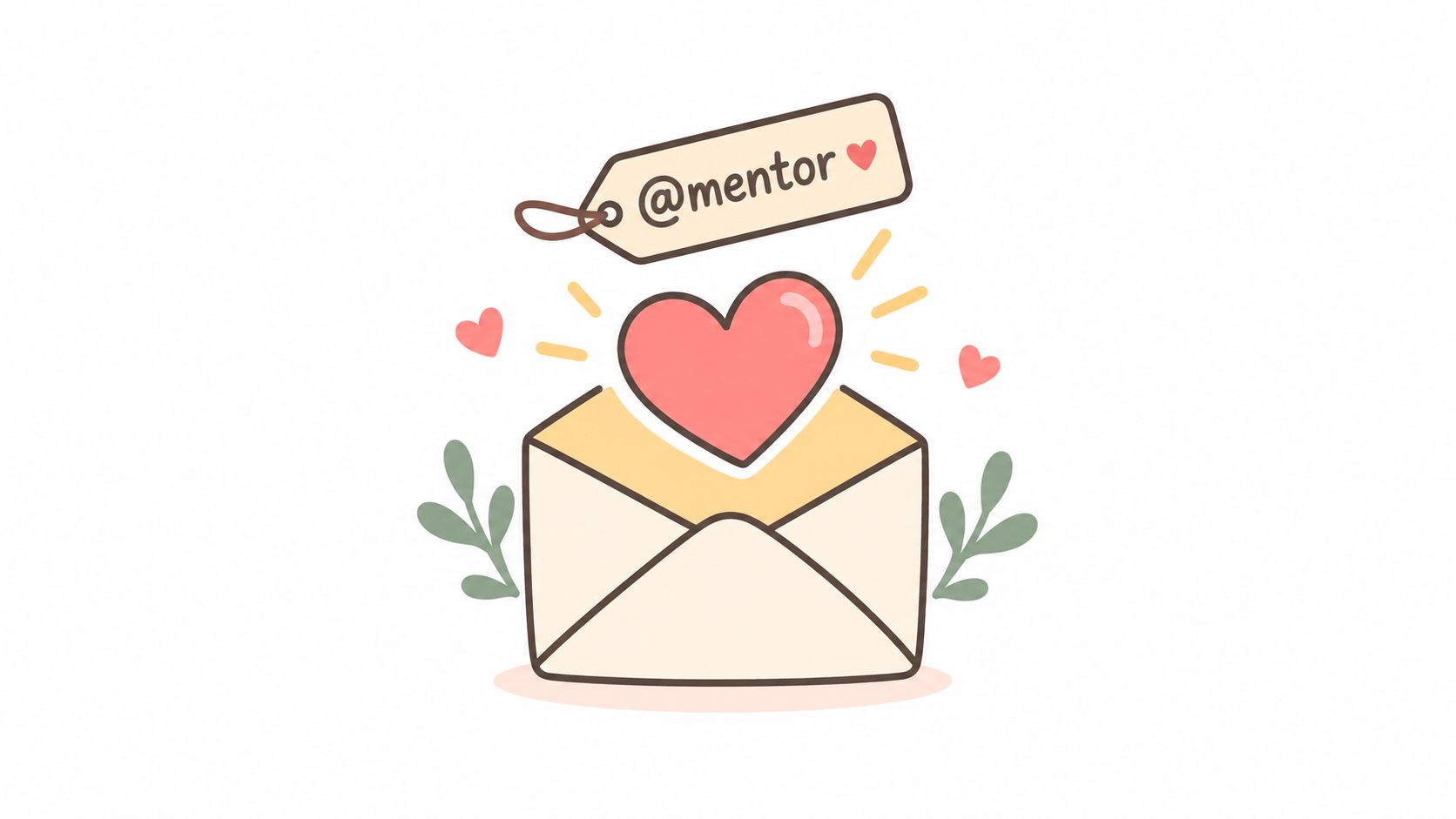 A cute hand-drawn envelope with a pink heart, floral elements, and a tag labeled @mentor above it.