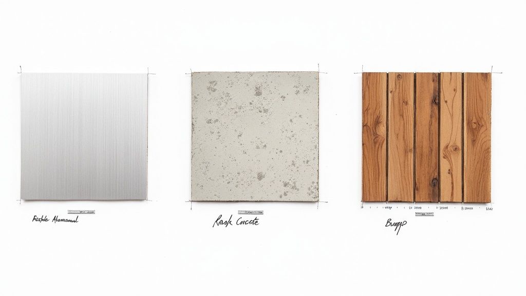 Three architectural material samples: brushed aluminum, rough concrete, and wooden planks displayed.