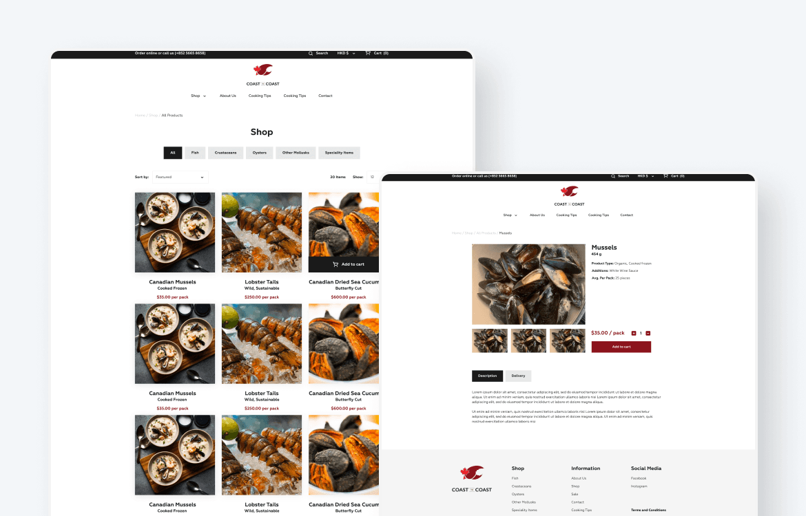 The image shows a clean and modern seafood restaurant website layout with a focus on Canadian seafood, featuring a catalog of dishes including mussels and lobster tails, alongside detailed product descriptions and vibrant imagery.