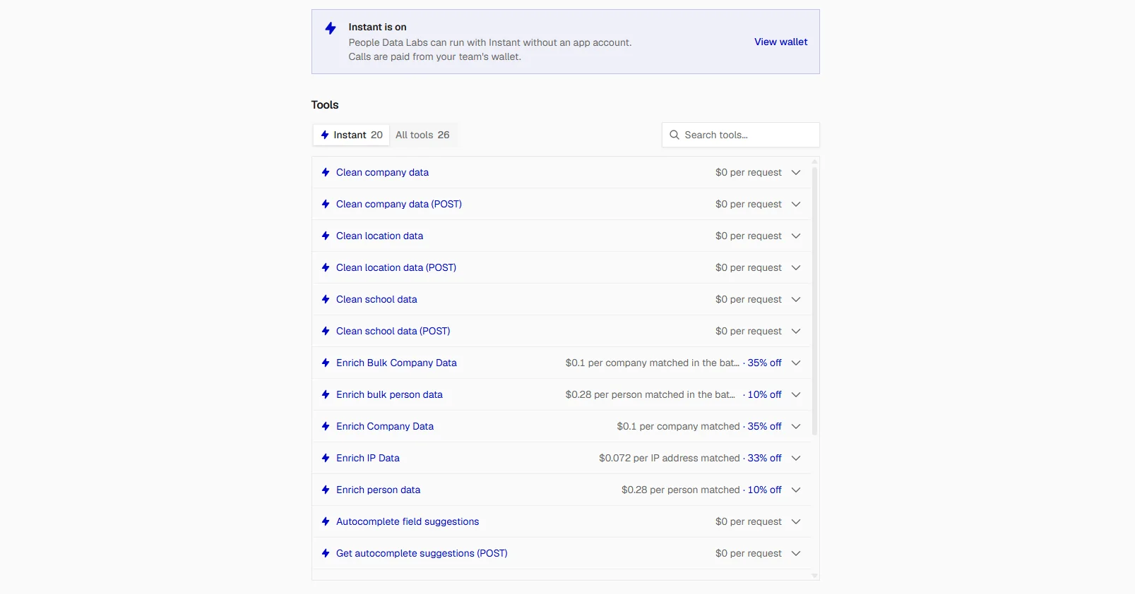 People Data Labs Instant tools and their per-call prices in Composio