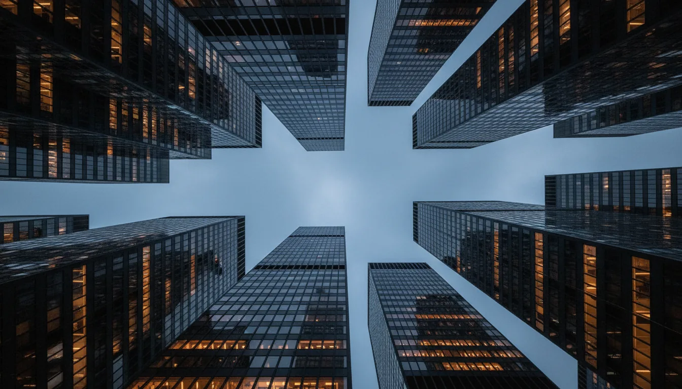 DSLR, wide-angle photograph from a worms-eye view, looking up at a dense cluster of modern corporate skyscrapers. The architecture features sleek, minimalist lines with facades of dark reflective glass and black steel. The lighting is cinematic contrast, with the cool blue tones of an overcast sky juxtaposed against warm, glowing orange lights visible from the lower office windows. Everything is in sharp focus, emphasizing the immense scale and converging vertical lines of the buildings.