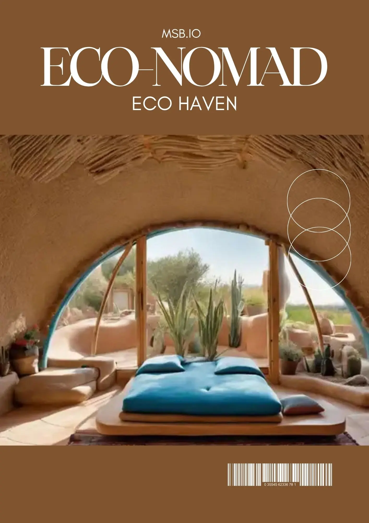 Eco-Nomad Eco Haven: Sustainable living in harmony with nature, featuring earthy architecture and green spaces.