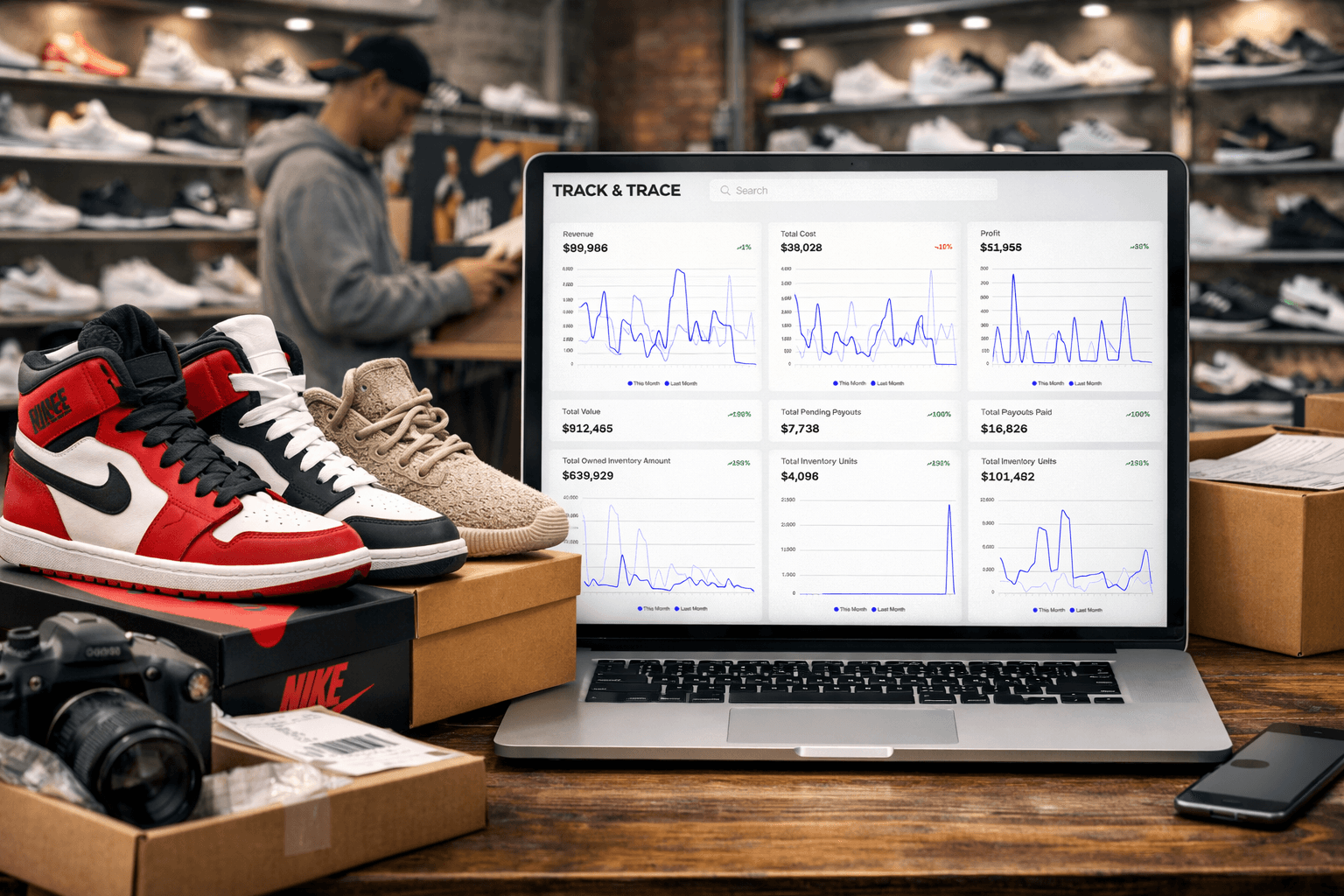 Man and women working at sneaker store