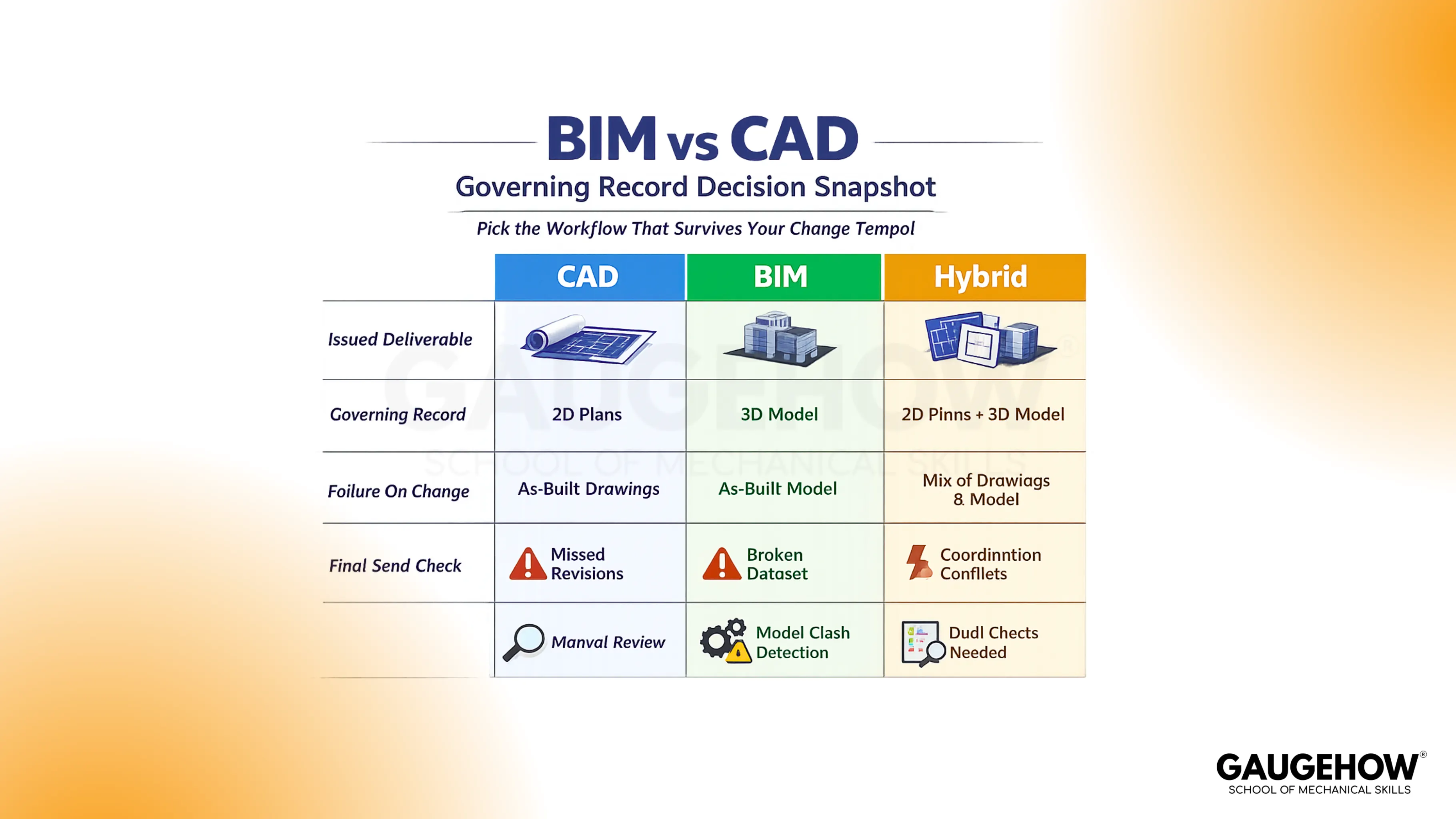BIM vs CAD decision snapshot: deliverable, governing record, failures, final send check
