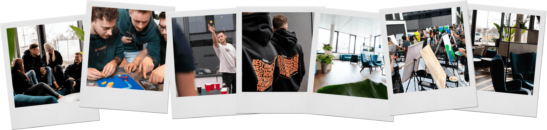 Bilderreihe mit verschiedenen Eindrücken aus dem Unternehmen in Polaroidrahmen