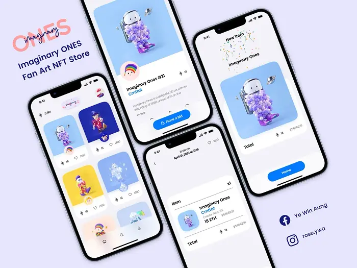 Imaginary ONES NFT Store App Practice - High-fidelity UI prototyping by Ye Win Aung.