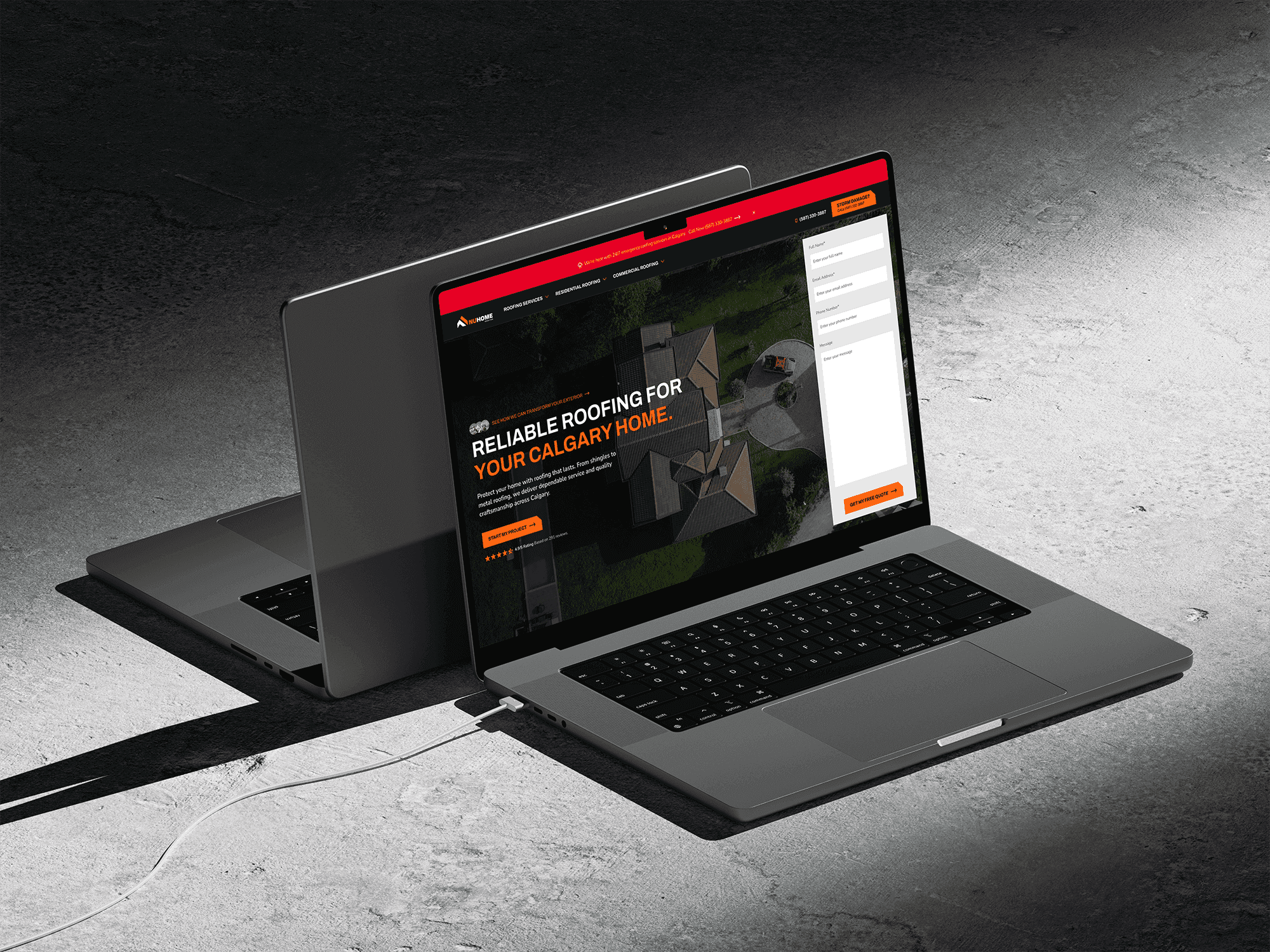 A laptop on a concrete surface displays a roofing company's website, featuring an aerial image of a house with the bold headline "Reliable Roofing for Your Calgary Home" in white and orange text. A contact form is visible on the right side of the screen, and the laptop is plugged in with a charging cable.