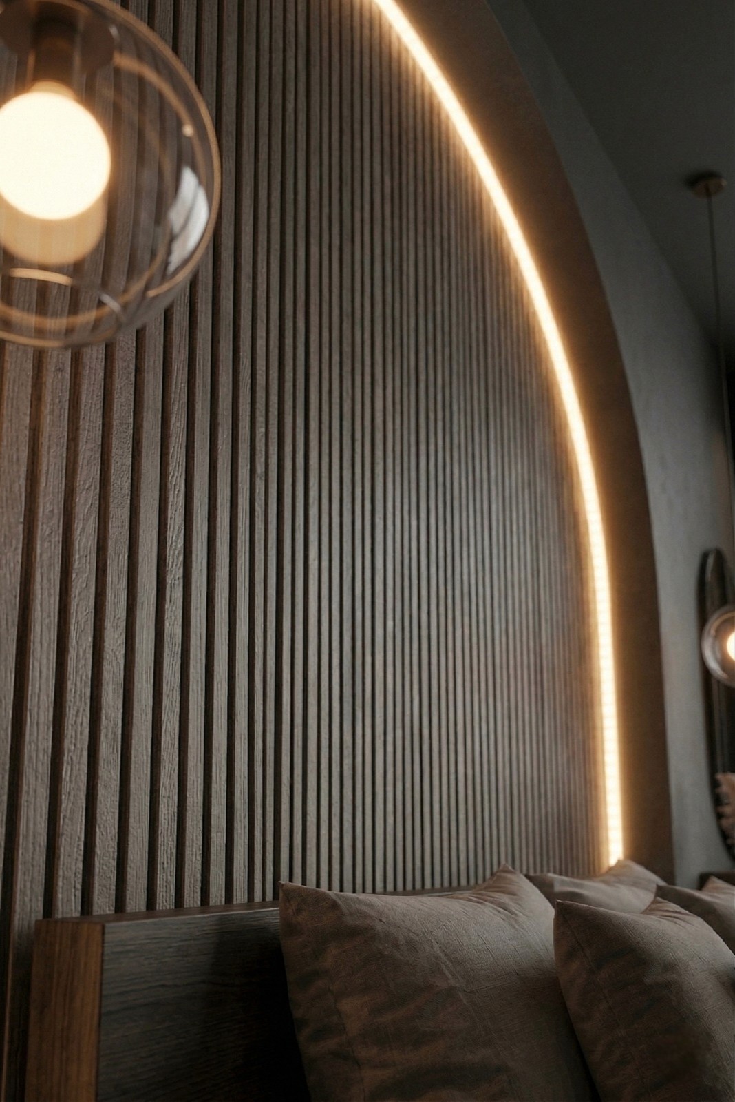 Vintage-modern living room with tufted sofas, false ceiling, and layered warm lighting.