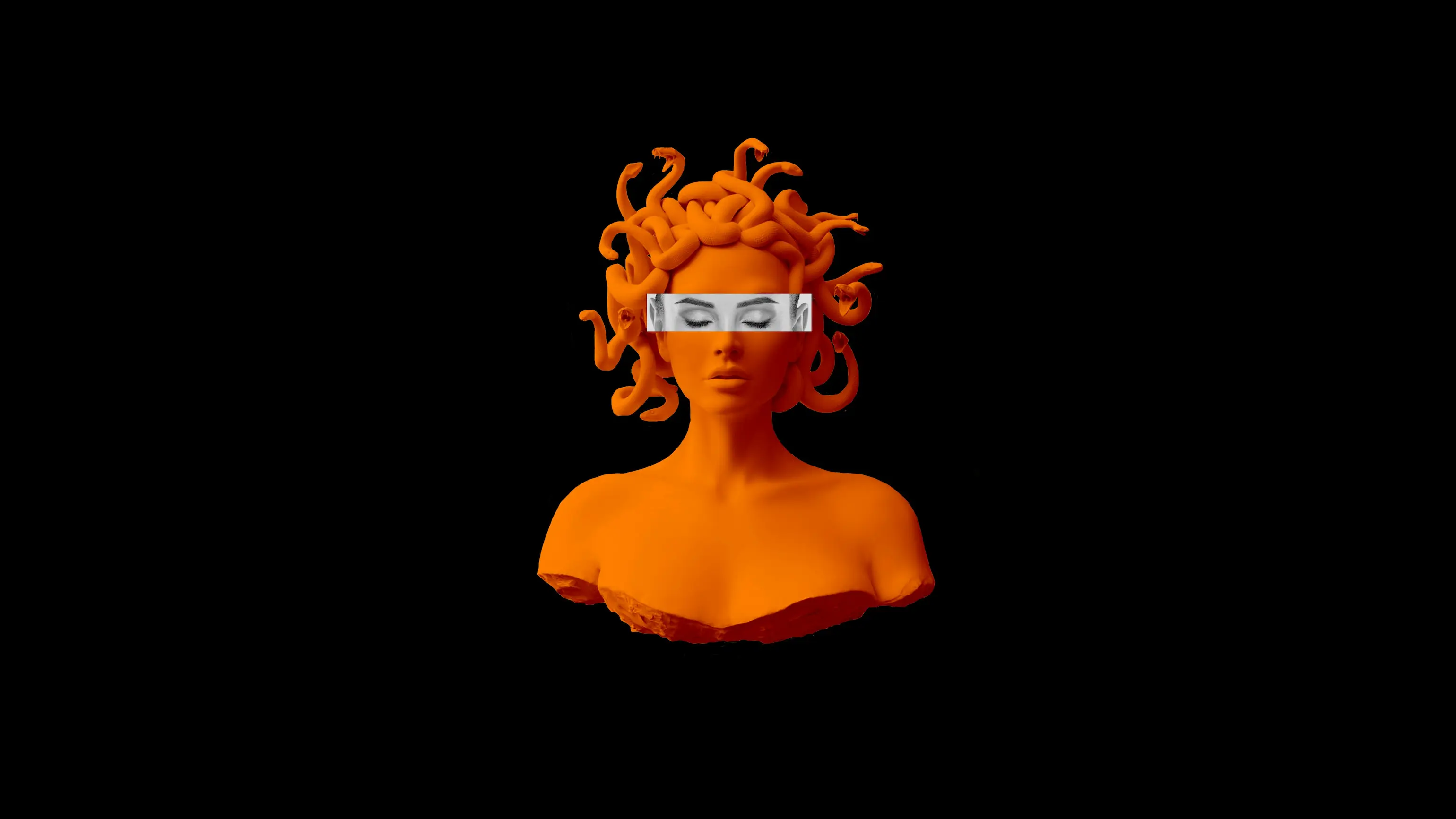 Orange sculpture of a Medusa-like bust with snake hair and a black-and-white eye band across the face, representing intelligent AI support