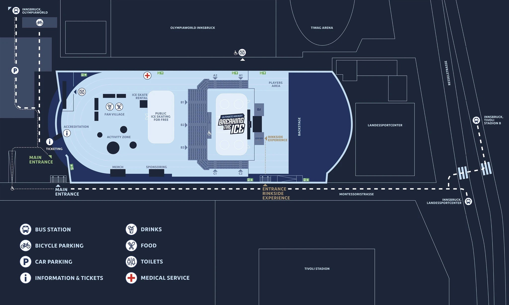 The Fan Village is the vibrant heart of Ultimate Hockey – Breaking the Ice – a meeting point for fans, families, and everyone who wants to experience ice hockey in a whole new way. Right next to the playing area, you’ll find an urban atmosphere with sports, music, food, and interactive experiences for all ages.