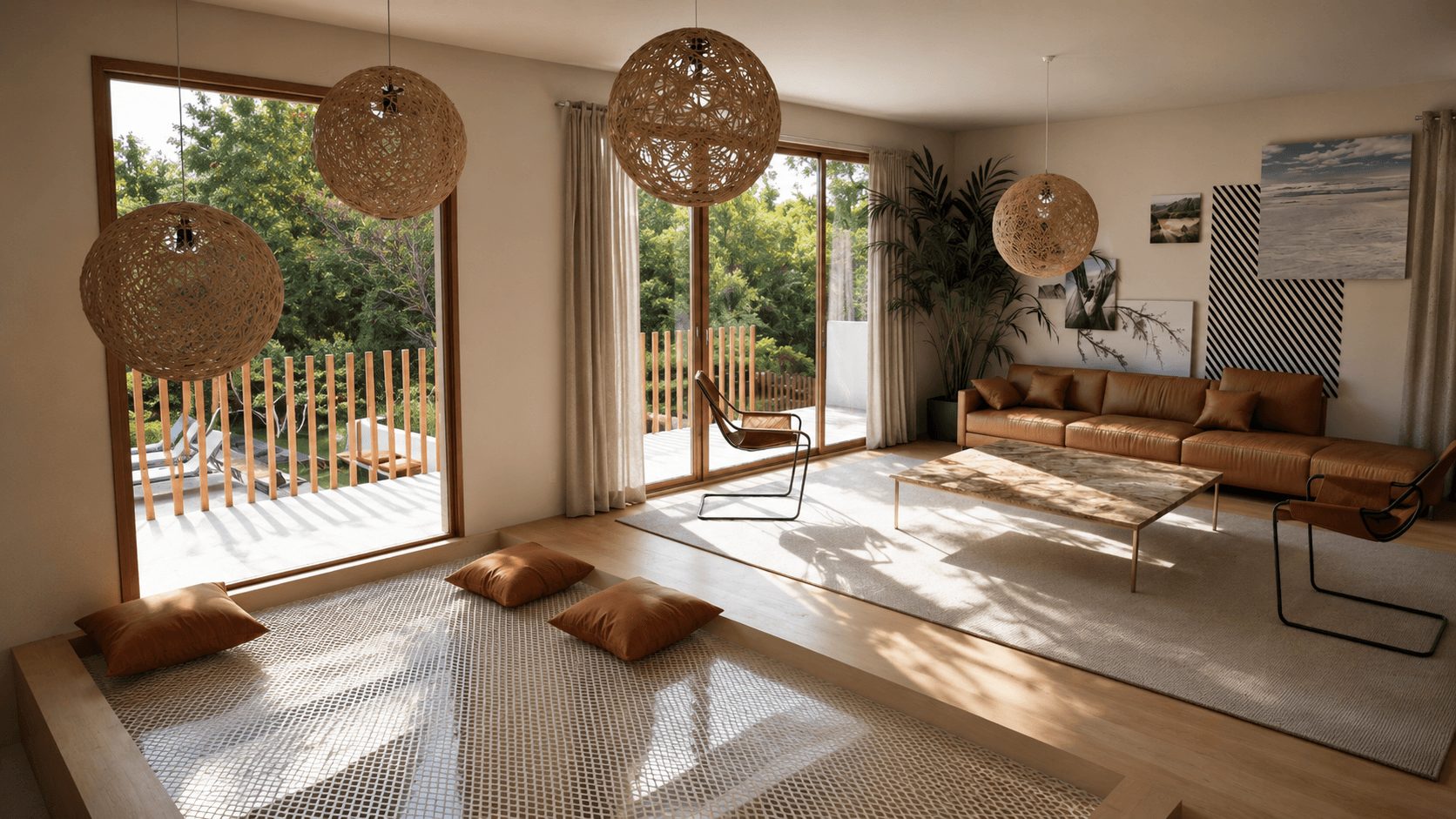 Projet de rénovation de maison par Karbone Architectes à Montpellier. Réhabilitation complète d'une maison individuelle avec ouverture des espaces, salon contemporain, cuisine ouverte, filet catamaran suspendu, grandes baies vitrées, architecture intérieure sur mesure, optimisation de la lumière naturelle, matériaux nobles et rénovation haut de gamme réalisée par un architecte spécialisé dans la rénovation de maisons anciennes et contemporaines.