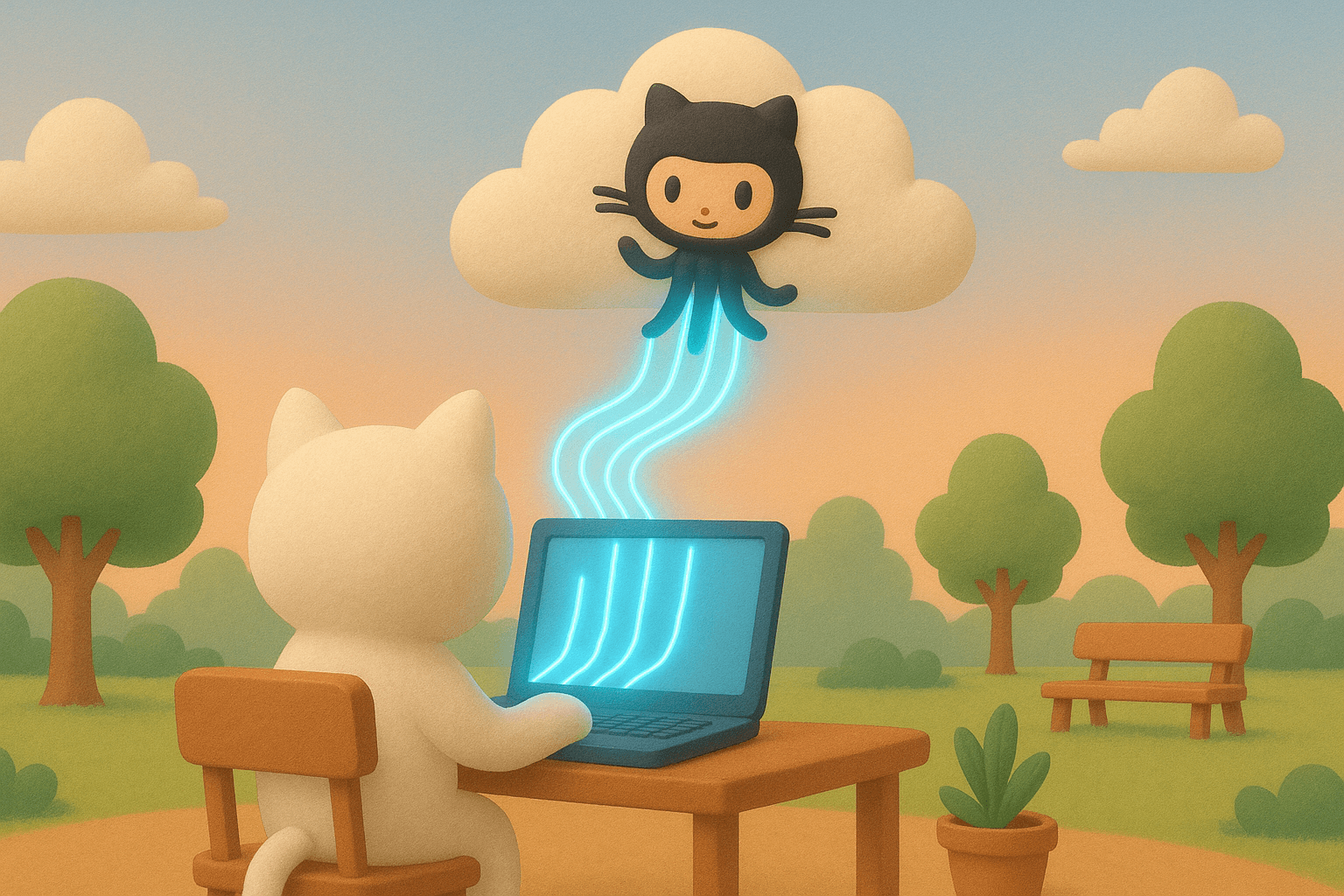 Cute cartoon scene of a white cat character using a laptop outdoors while a cloud-shaped GitHub Octocat mascot floats above, sending glowing blue data streams down into the computer.