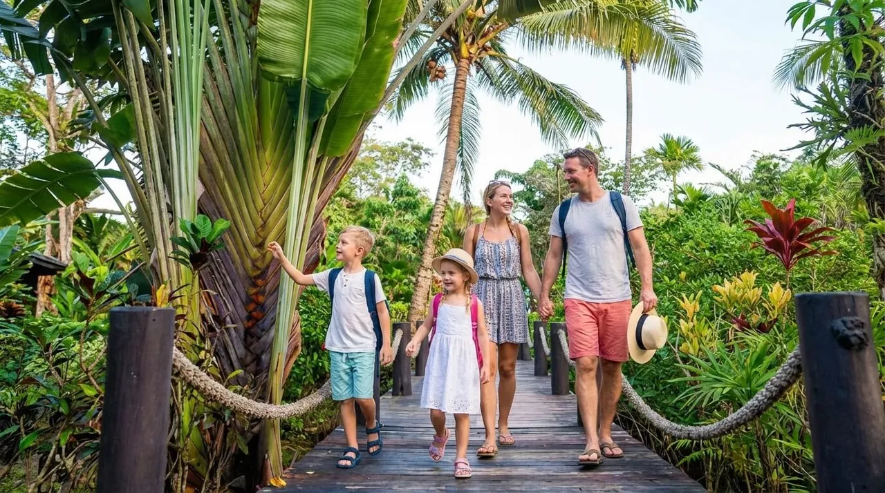 A family walks on a wooden walkway with rope railings through a dense tropical garden. The young boy points.