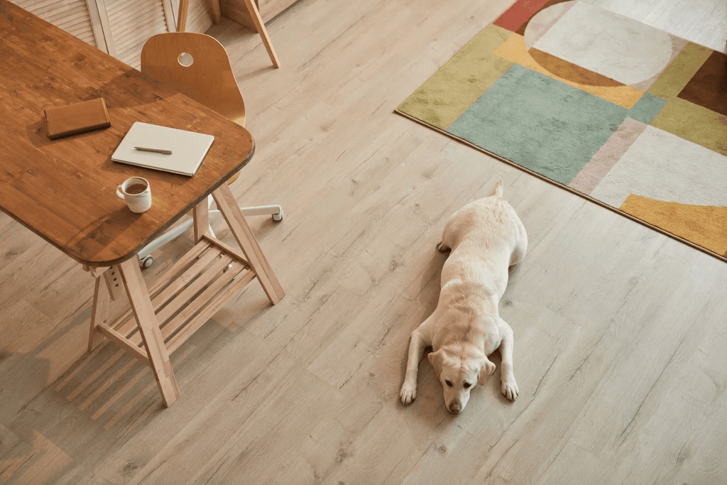 A dog resting on elegant light oak hybrid flooring beside a wooden desk, showcasing LUXO Floors’ durable, pet-friendly, and low-maintenance hybrid flooring perfect for modern home offices.