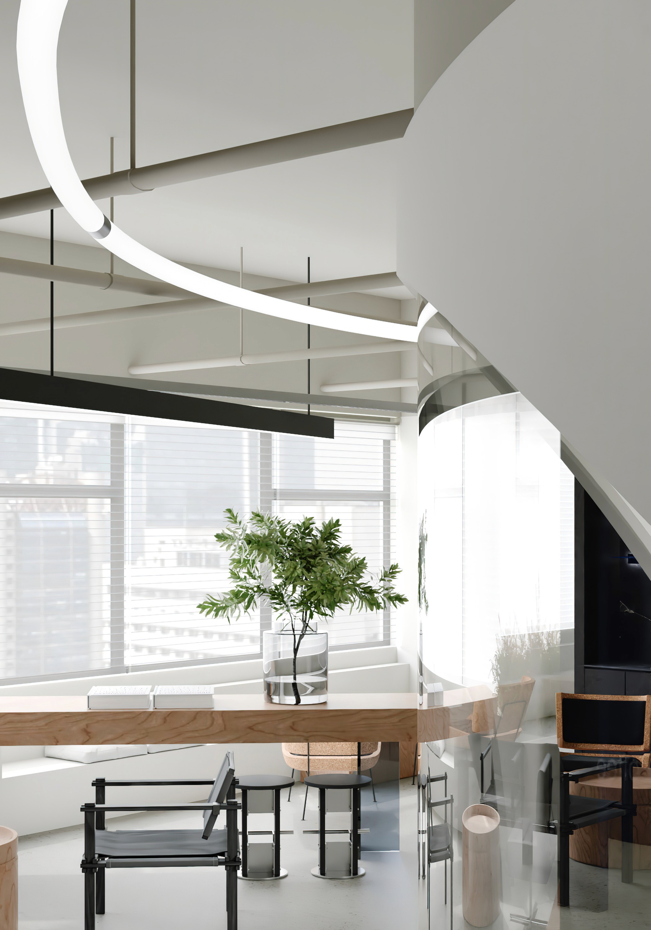 High-end office interior designer layout showing a collaborative breakout zone and lounge